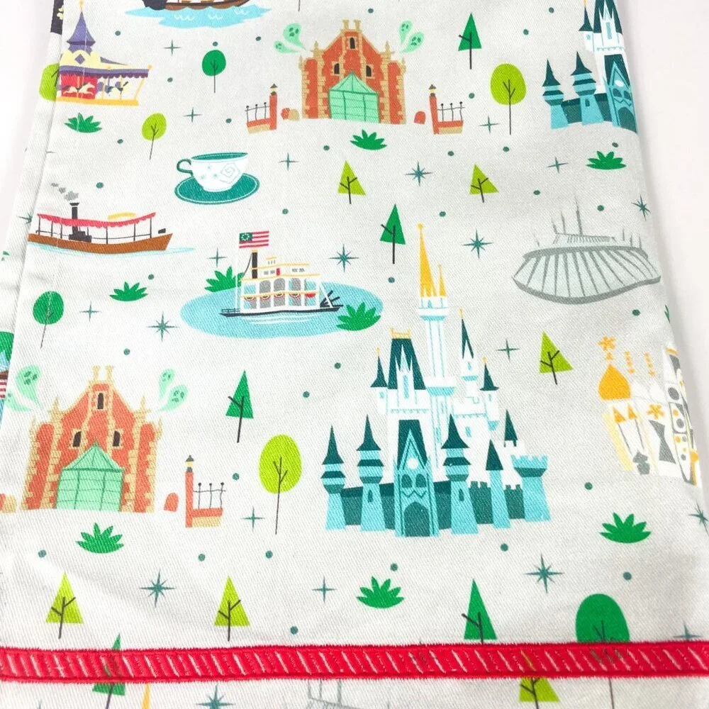 Disney World 50th Anniversary Cotton Tea Towel Featuring Magic Kingdom Park Attr